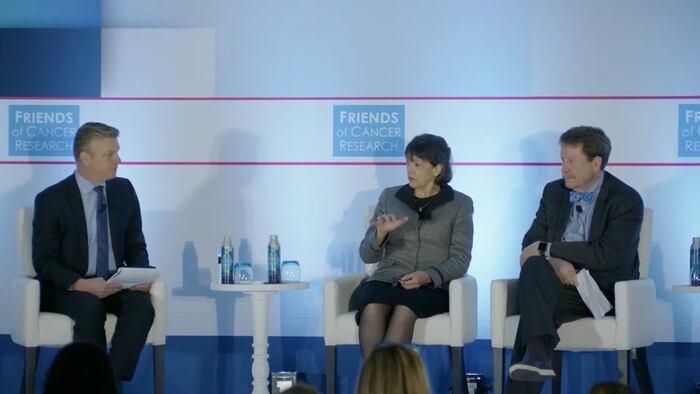 Monica Bertagnolli (center) and Robert Califf (right) at the Friends of Cancer Research Annual Meeting
