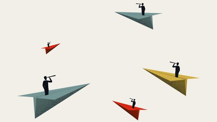 Multiple paper plans with humans holding telescopes