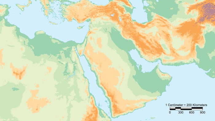 Physical map of Middle East with scale. Elements of this image furnished by NASA