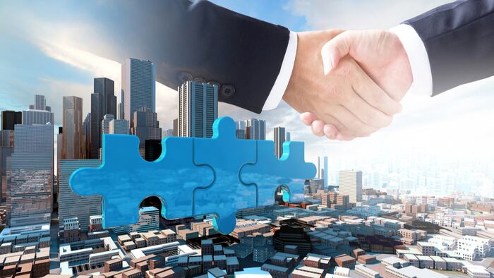 merger and acquisition business concepts, join company on puzzle pieces and handshake, 3d render