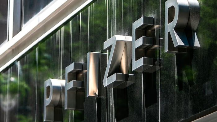 New York, July 19, 2016: Corporate lettering on the exterior of the Pfizer headquarters in Manhattan.