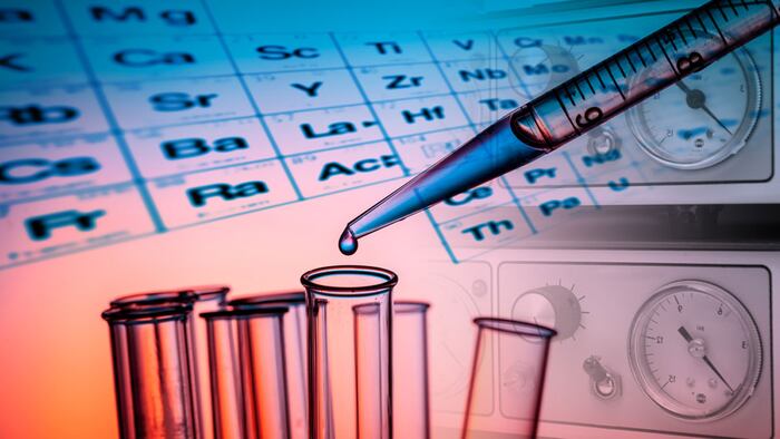 collage of the periodic table and test tubes, pipette