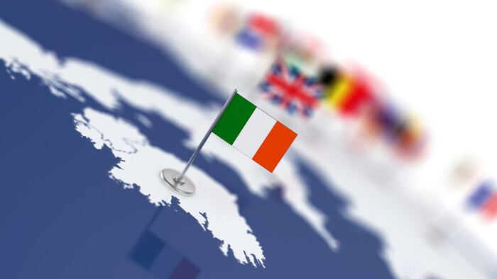 Ireland flag in the focus. Europe map with countries flags. Shallow depth of field 3d illustration rendering isolated on white background - Illustration