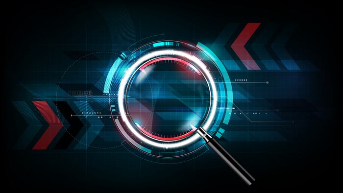 magnifying glass with scan search concept and futuristic electronic technology background, transparent vector illustration