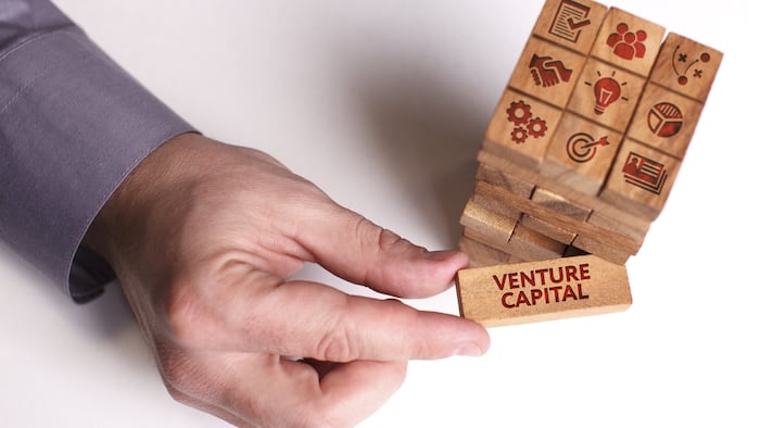 Business, Technology, Internet and network concept. Young businessman shows the word: Venture capital