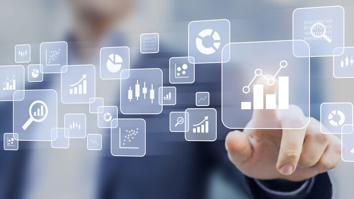 Big data analytics and business intelligence (BI) concept with chart and graph icons on a digital screen interface
