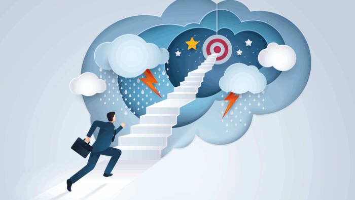 Businessman running up stairway to the target, Challenge,