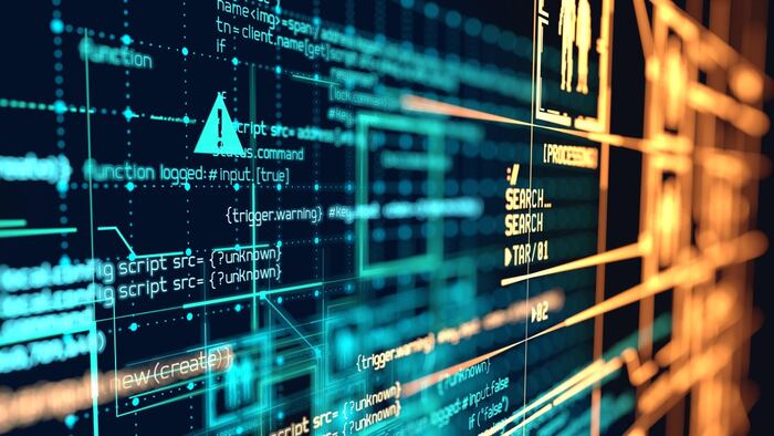 Futuristic programming code and big data connections and network patterns. 3D illustration.