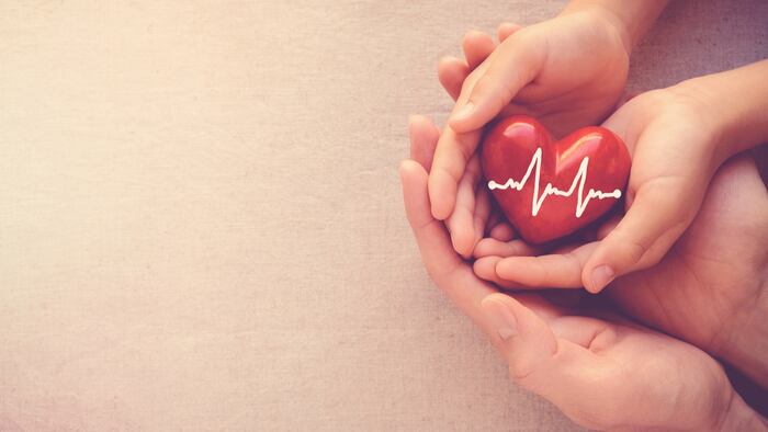 A pair of adult-sized hands surround the hands of a child, which themselves hold a red toy heart with an EEG line design on it.