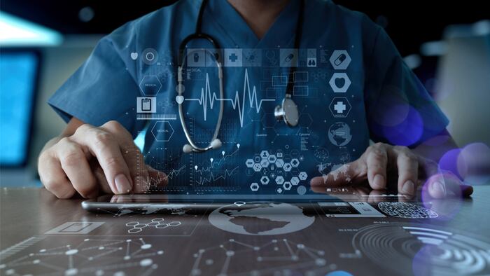 Medicine doctor hand working with modern computer interface as medical network concept