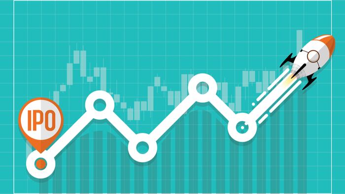 IPO or Initial Public Offering corporate stock market, company growth concept. Design by financial charts elements and rocket flying. Vector illustration of startup investment and strategy style