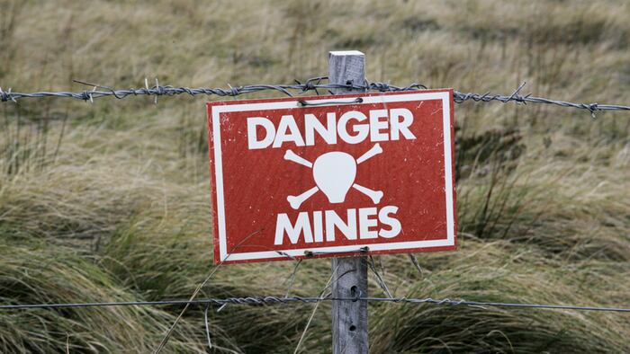 Landmines sign, danger minefield in the Falklands
