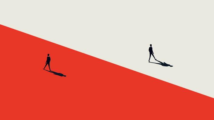 Image split into two with red ground on one side and cream-colored ground on the other, one person on each side, representing differentiation