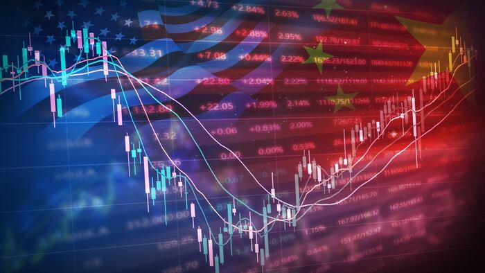 Stock market chart with US and China flag overlays