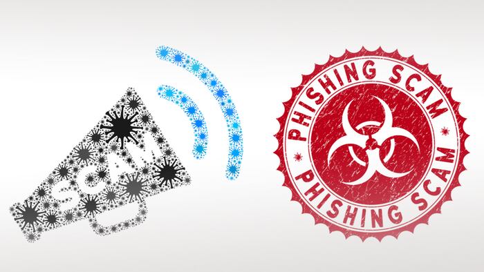 Coronavirus collage scam alert megaphone icon and round distressed stamp watermark with Phishing Scam phrase. Mosaic vector is formed with scam alert megaphone icon and with randomized epidemic icons.