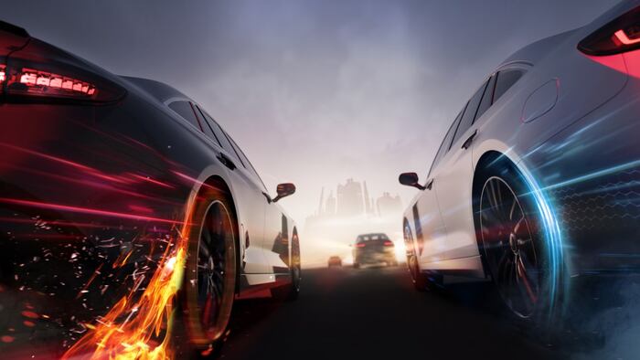 Two racing cars driving head to head, race concept