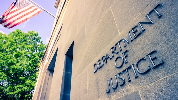 Washinton, DC / USA - April 22 2019: The northern facade of the Department of Justice building in the Nations capital .
