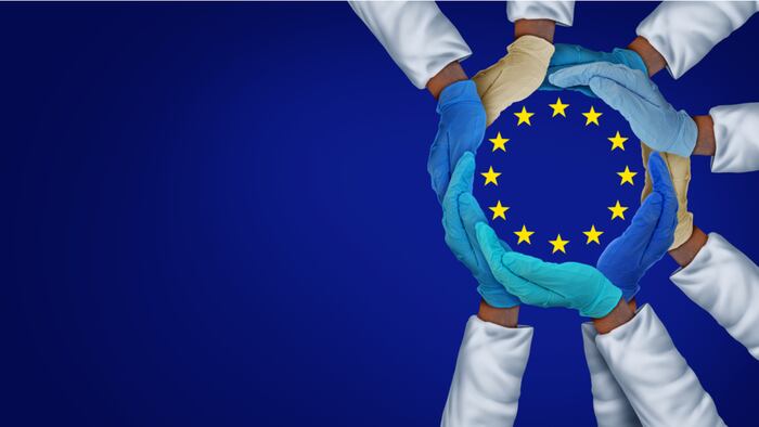 European United health workers and essential EU hospital care workers and frontline medical group or Europe medicine teamwork as a group of doctors and nurses together in a 3D illustration style.