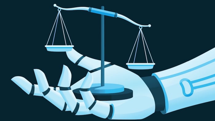 Robot hand holds a scale of justice