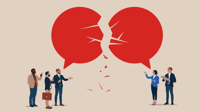 two sets of business people with giant speaking bubbles that are disconnected and broken showing visual of communication breakdown