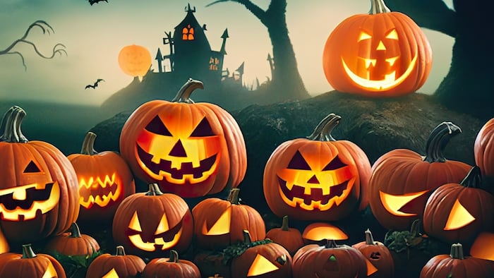 stacks of carved Jacko lanterns