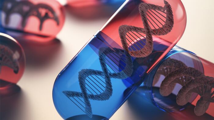 Tablets with genetic code inside. Concept of the advancement of medicine in the treatment of diseases. - Illustration