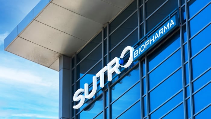 Sutro Biopharma sign, logo on headquarters facade of an American public biotechnology company. - South San Francisco, California,
