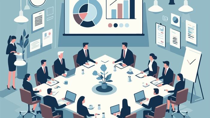 image of large meeting taking place with people around a table and charts of information being displayed.