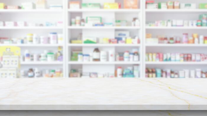 out of focus pharmacy shelf