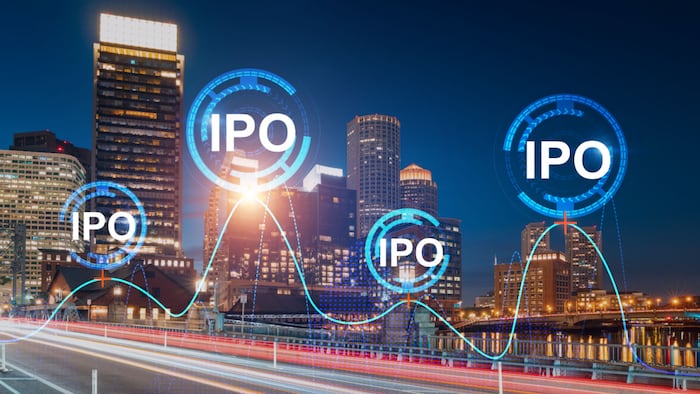 Skyscrapers Cityscape Downtown View, Boston Skyline Buildings. NIght time. IPO hologram.