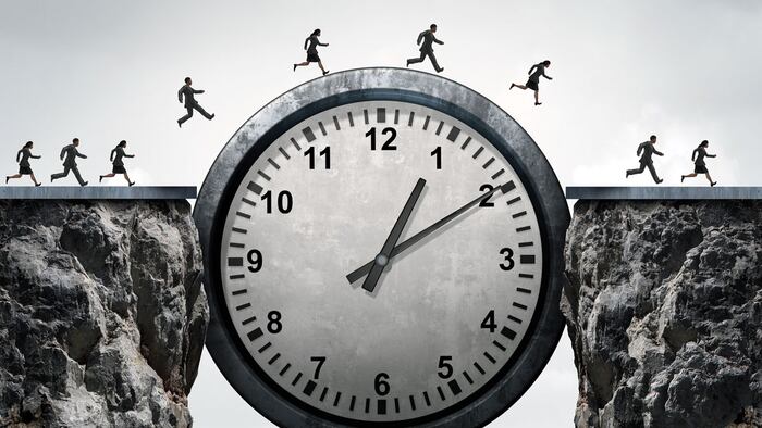 Business time concept as a group of running businessmen and businesswomen using a giant clock to cross over a cliff as a bridge as a metaphor for schedule and appointment speed as a 3D illustration.