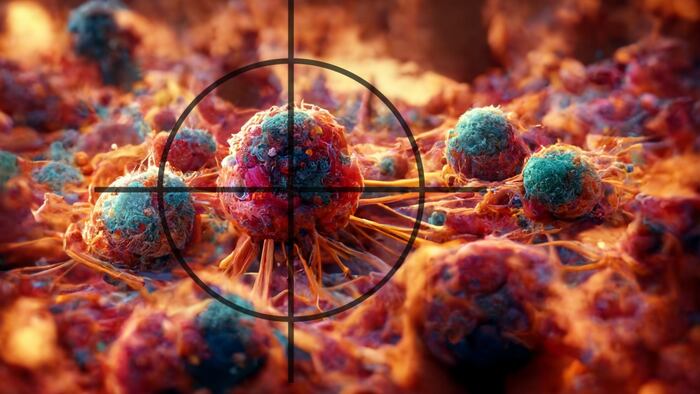 A 3D illustration depicting Cancer Cells in the crosshairs, related to cancer treatment