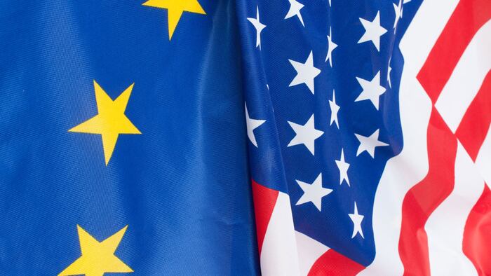 Closeup of Flags of USA and European Union