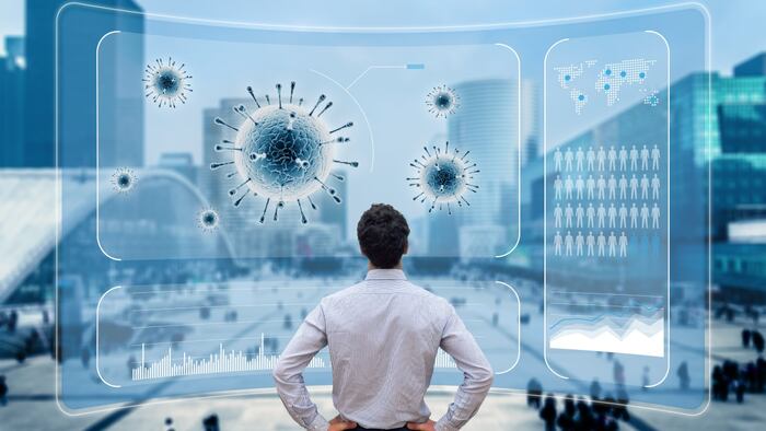 Epidemic infectious disease outbreak with person analyzing virus strain and worldwide situation. SARS-CoV-2 pathogen causing coronavirus covid-19 pandemic disrupting social and economic life