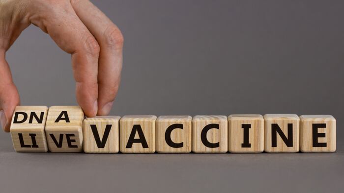 Male hand flips wooden cubes and changes the inscription 'live vaccine' to 'DNA vaccine' or vice versa.