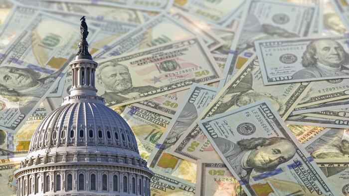 collage with US capitol Building and American dollars on blurred background
