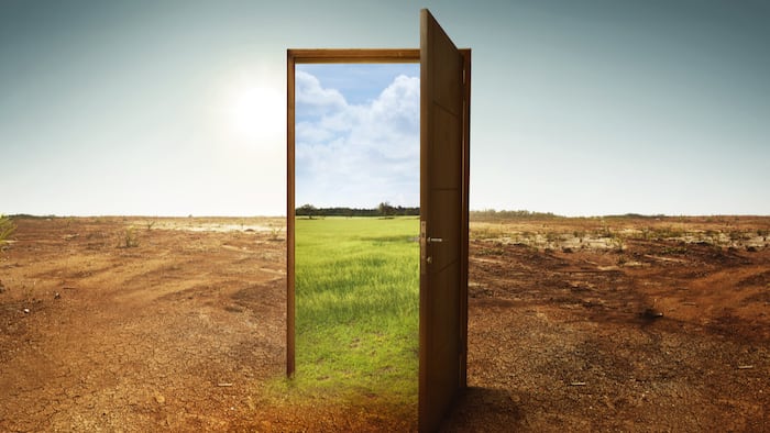 Open wooden door to the new world with green environment. Climate change concept.