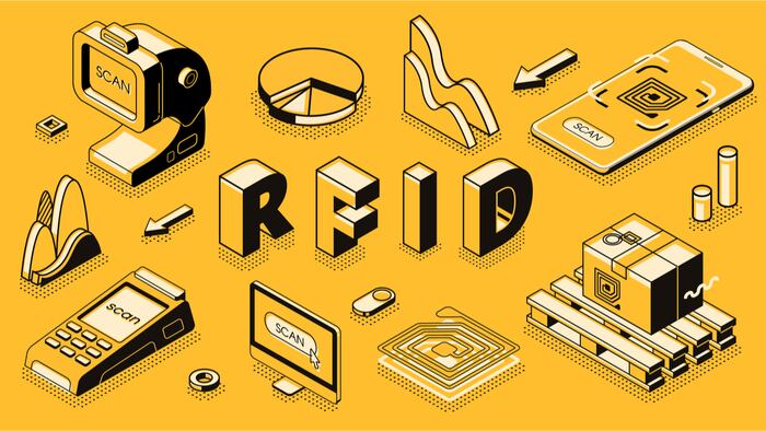 Radio frequency identification technology isometric vector concept with RFID reader or scanner, electromagnetic track tag on cardboard box, mobile app for business delivery, goods shipment tracking