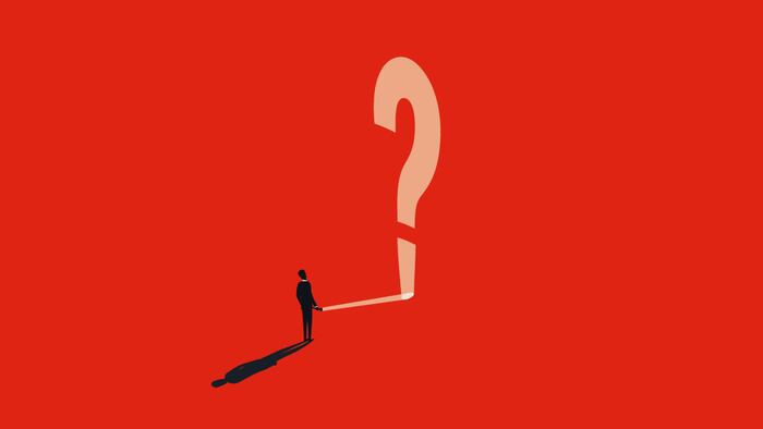 Business solution or strategy vector concept with businessman and question mark from flashlight.