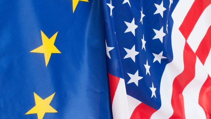 Close up of EU and US flag