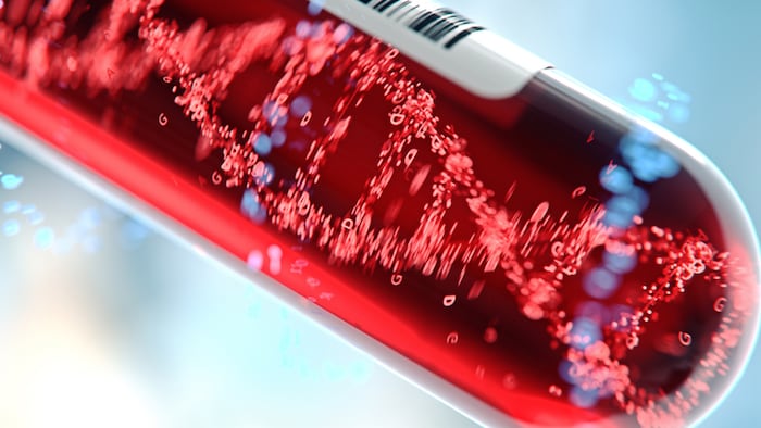 Molecule of DNA forming inside the test tube in the blood test equipment.3d rendering,conceptual image. - Image