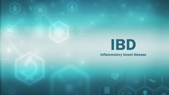 IBD on a blue background with medical neon icons, medical background with a microscope, science, research