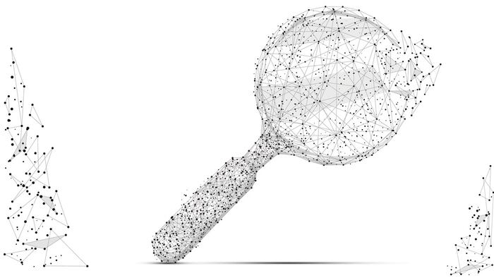 Abstract mash line and point magnifying glass on white background with an inscription. Starry sky or space, consisting of stars and the universe. Vector business illustration