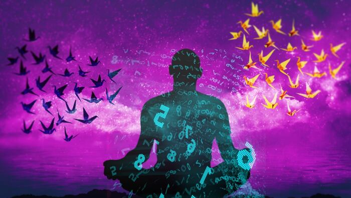 Concept illustration of a digital man meditating while paper swans fly by