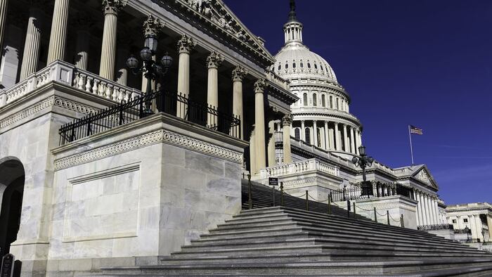 View looking up the front steps of the Capitol Building, Washington, USA