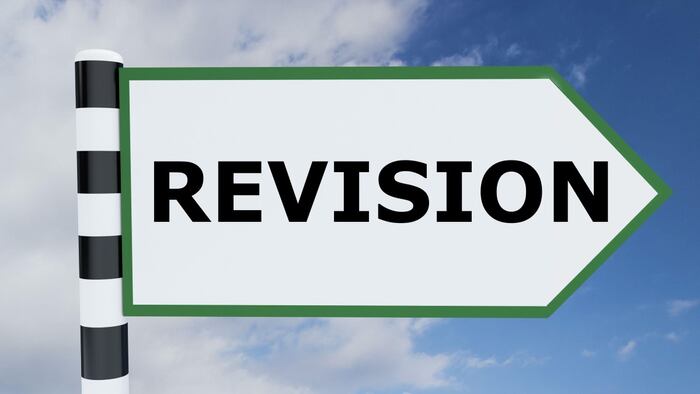 3D illustration of REVISION script on road sign