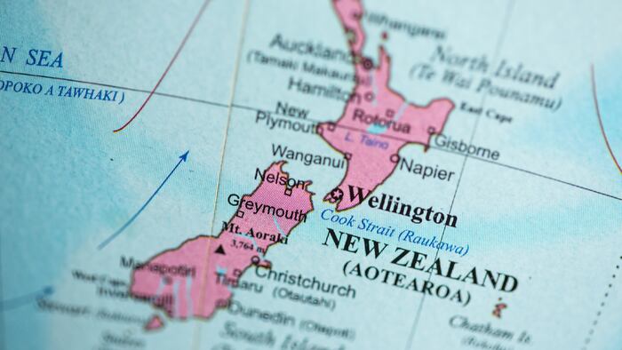 Map view of New Zealand on a geographical globe