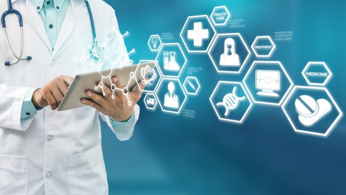 Medical Science Concept - Doctor in hospital lab with research icons in modern interface showing symbol of medicine innovation, treatment, discovery and healthcare analysis. - Image