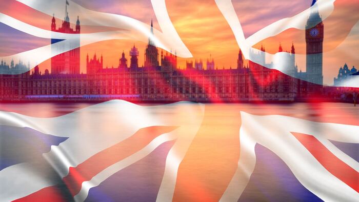 Composite image of Houses of Parliament, Westminster, Big Ben and Un ion Jack flag