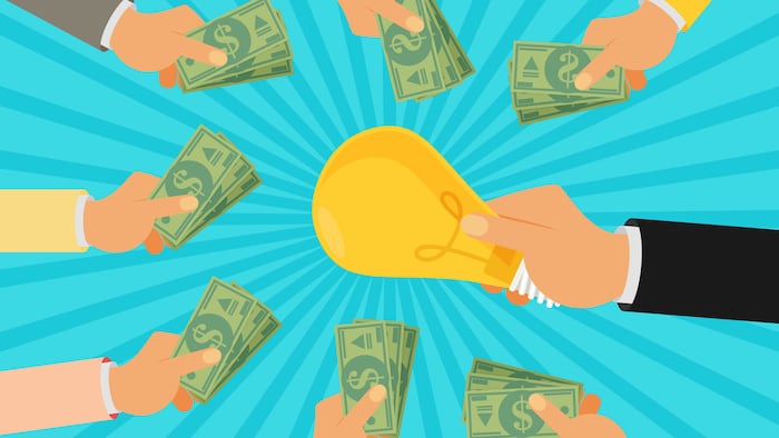Crowdfunding, investing into ideas, funding project by raising monetary contributions, venture capital flat design colorful vector illustration concept